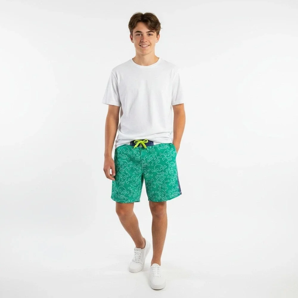 Boden Boys Swim Trunks 15-16Y Green Skull Board Shorts Mesh Lined Beach Surf
